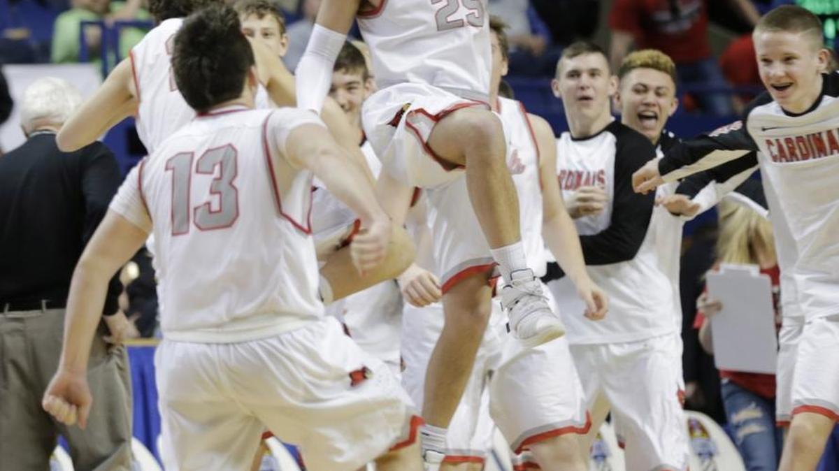 Jared Grubb (25) and South Laurel celebrated after winning against Christian County in the 2016 Whitaker Bank/KHSAA Boys Sweet 16 basketball tournament at Rupp Arena in Lexington, Ky., on March 17, 2016. South Laurel held off Christian Co., winning 53-50.