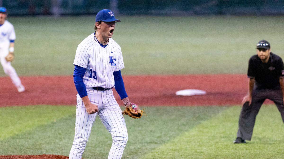 Lexington Catholic’s Jack Sams celebrates a strikeout to end the sixth inning against Lafayette during the Knights’ 6-0 win at Lexington Catholic High School on Wednesday.