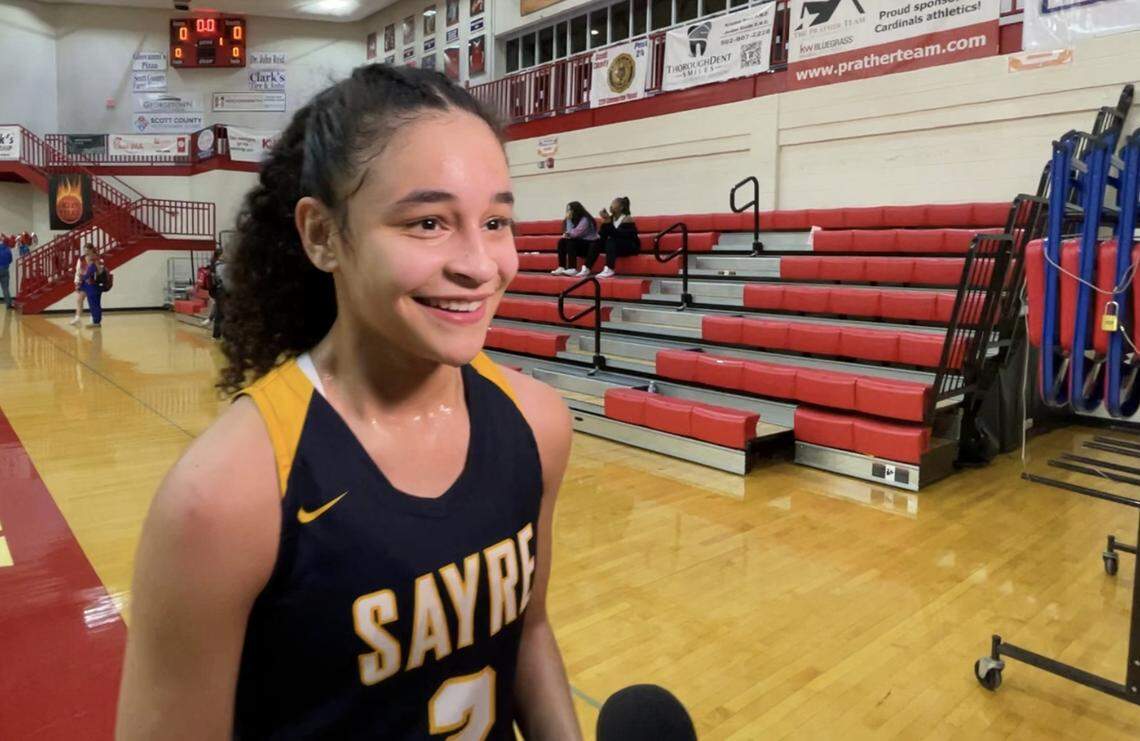 Sayre’s Kylee Dennis spoke about reaching the 2,000-point milestone for her career after the Spartans’ 63-58 win at Scott County on Wednesday.