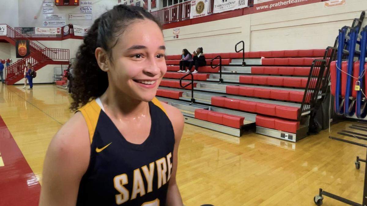 Sayre’s Kylee Dennis spoke about reaching the 2,000-point milestone for her career after the Spartans’ 63-58 win at Scott County on Feb. 1.