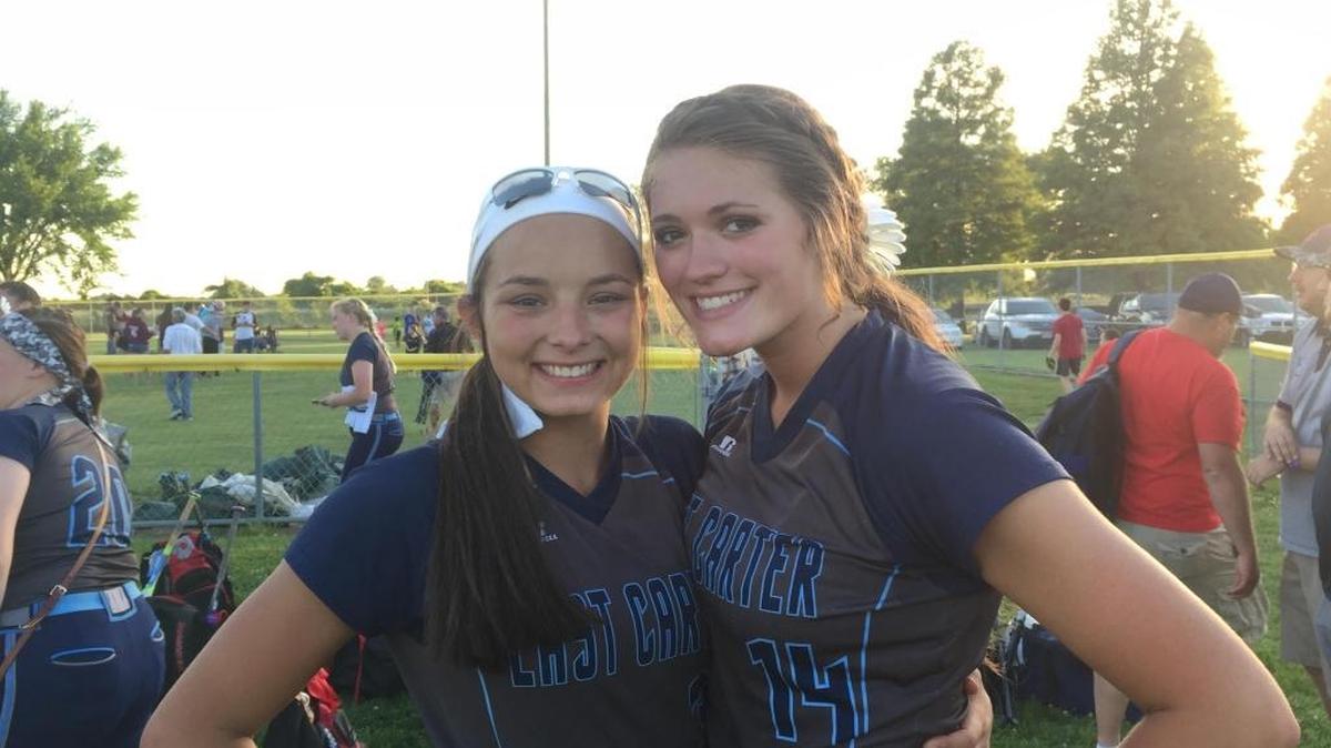 Eden Mayo, left, and Montana Fouts combined to drive in five of East Carter’s runs in a 9-0 victory over Collins in the KHSAA Softball State Tournament on Thursday, June 8, 2017.