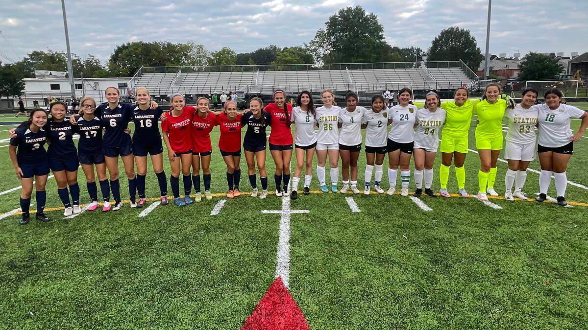 Wednesday, Bryan Station visited Lafayette for a girls’ soccer game that featured eight sets of siblings, four for each team, and one set of cousins. From left are Isabelle and Madelyn Dinh, Isabella, Charley and Addie Reed, Kennedy, Kitty and Chloe Crovo, Olena and Ileanna Wilson, Adrienn Arcure and Audrey Greenberg, Mariana and Lila Gonzalez, Sophia and Abigail Mingo, Evy and Sofia Haggard, and Aline Sandoval Cano and Litzy Sandoval.