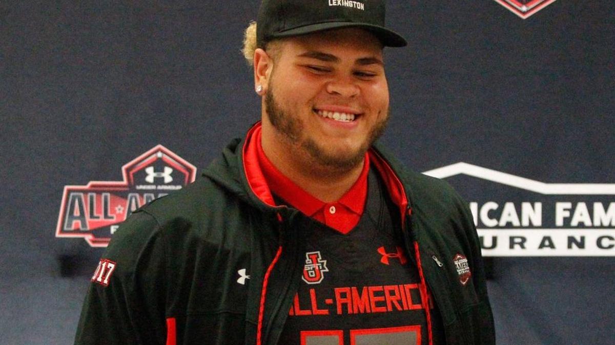 Jedrick Wills displayed the jersey he’ll wear in the ninth annual Under Armour High School All-America Game to be played Jan. 1 in Orlando, Fla.