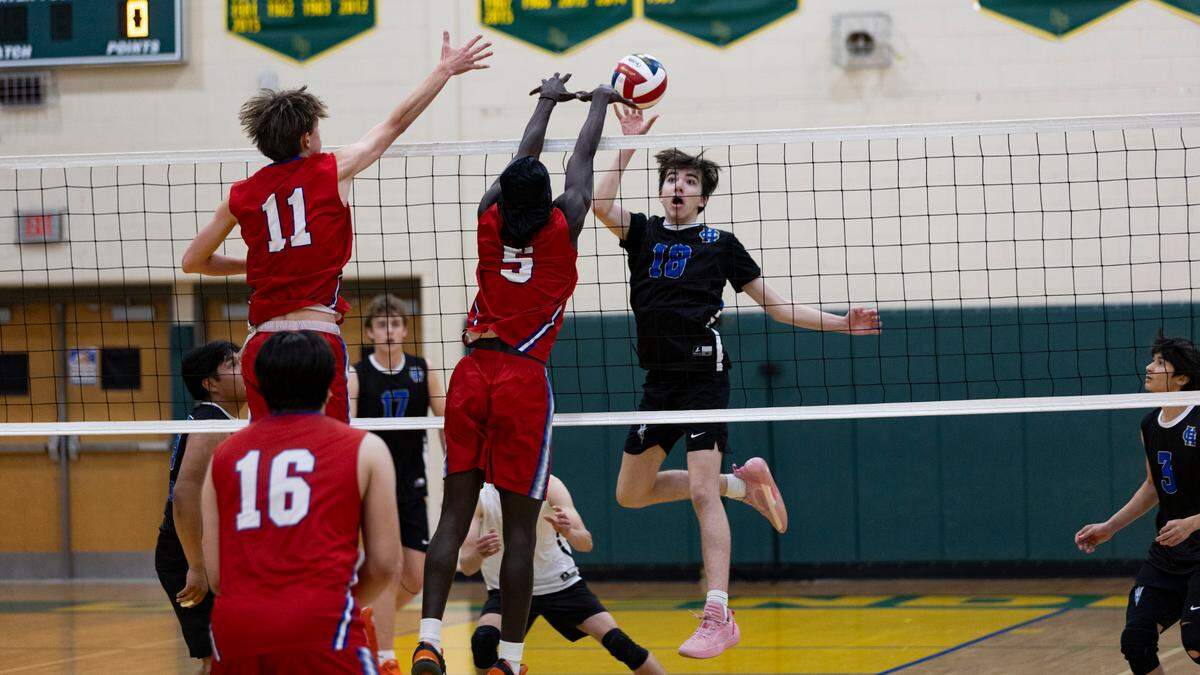 Henry Clay’s Clayton Mangione watches his tap over the net float around Lafayette’s defense during the Blue Devils’ 3-0 win in the 7th Region boys volleyball tournament finals at Bryan Station High School on Monday, May 12, 2025, in Lexington, Ky.