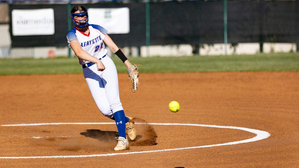Lafayette’s Abigail Winkler pitches for her 11th win of the season against Franklin County at Lafayette High School on Wednesday.