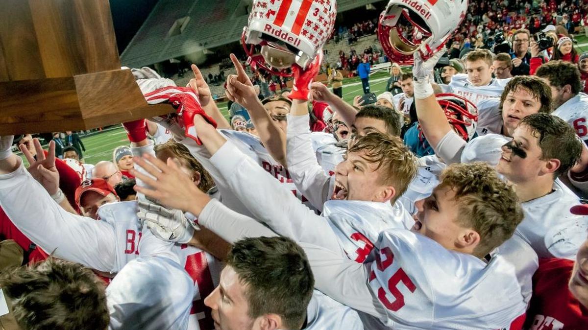 Belfry players their 52-31 win over Central during in the KHSAA Class 3A high school football state championship Saturday, Dec. 3, 2016, in Bowling Green, Ky.