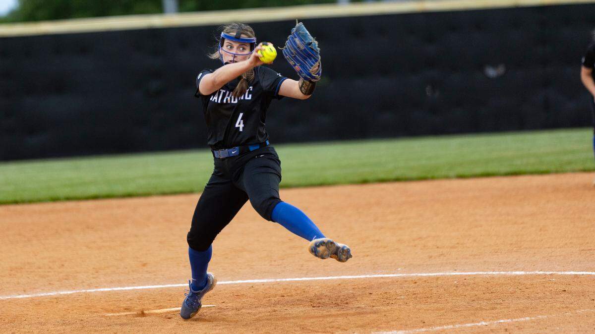 Lexington Catholic senior pitcher Abby Hammond delivers the ball to the plate in the Knights’ 2-0 win against Lafayette in the 43rd District Tournament softball championship game at Tates Creek on Thursday.