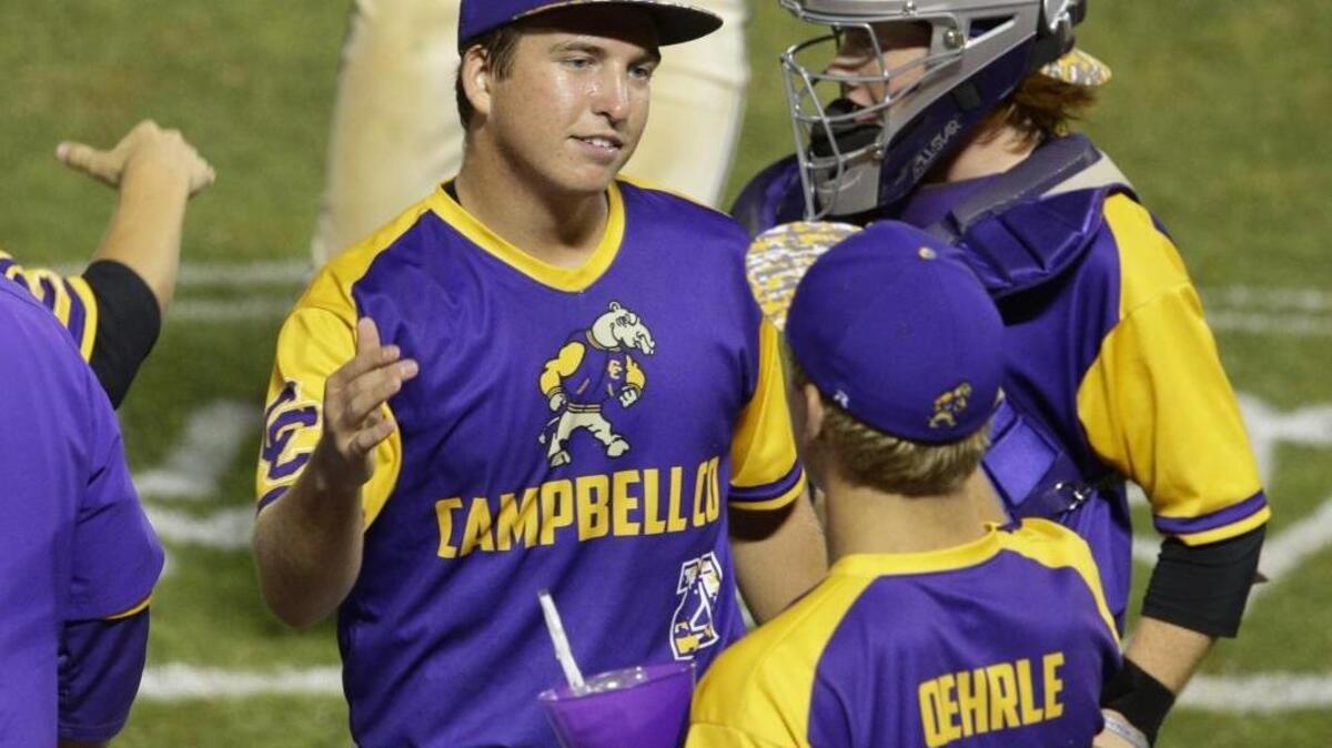 Campbell County pitcher Alex Franzen, came to the dugout after strong a strong second inning as Campbell County played Bullitt East in the KHSAA state baseball tournament on Friday June 17, 2016, in Lexington, Ky.