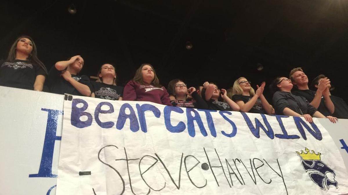 Owen County’s student section showed off a humorous sign during the Rebels’ game against Kentucky Country Day in the first round of the All “A” Classic on Thursday, Jan. 28, 2016.
