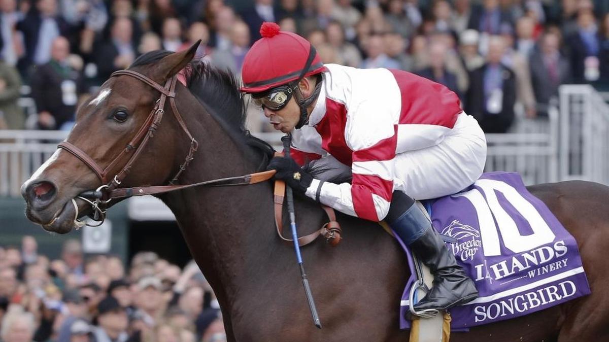Mike Smith rides Songbird to win the Breeders' Cup Juvenile Fillies at Keeneland last Oct. 31, 2015. The champion filly brings an eight-race win streak into Sunday’s Grade I Coaching Club American Oaks at Saratoga.