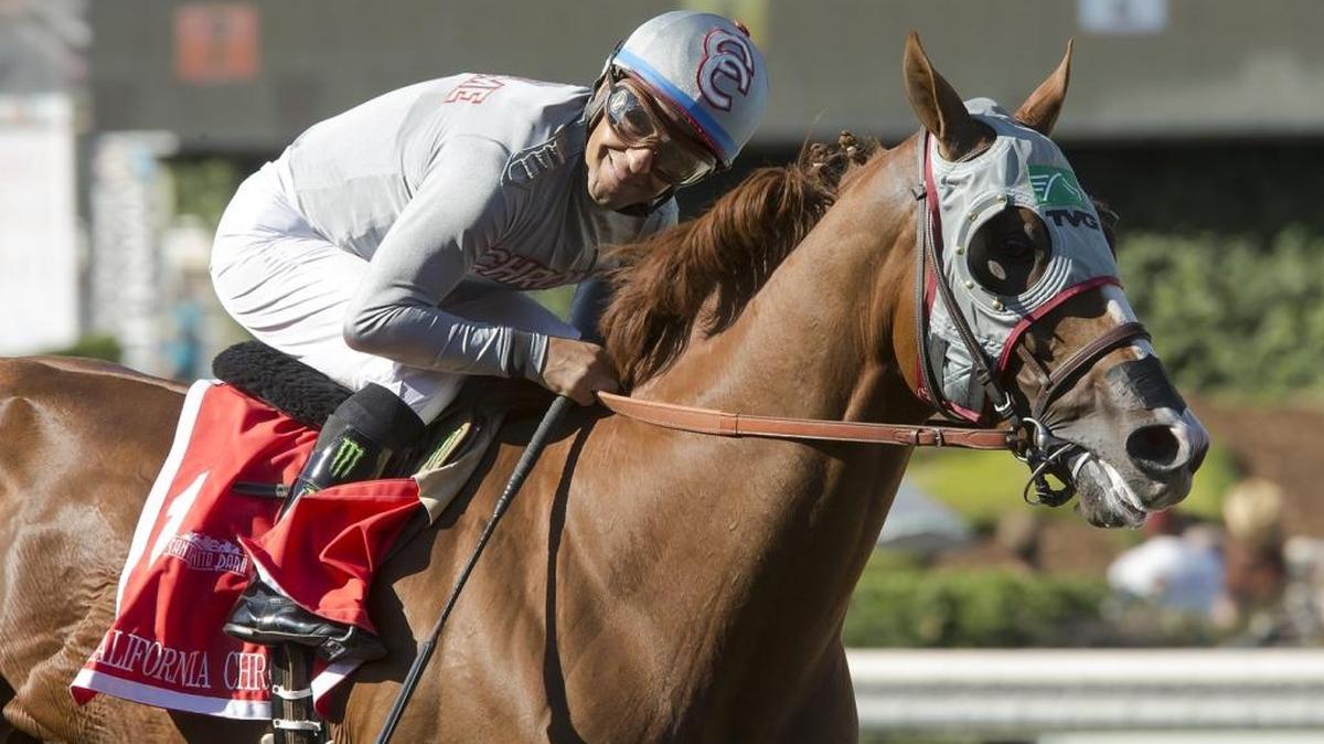 Victor Espinoza celebrated after riding California Chrome to victory in Saturday’s Awesome Again Stakes at Santa Anita.
