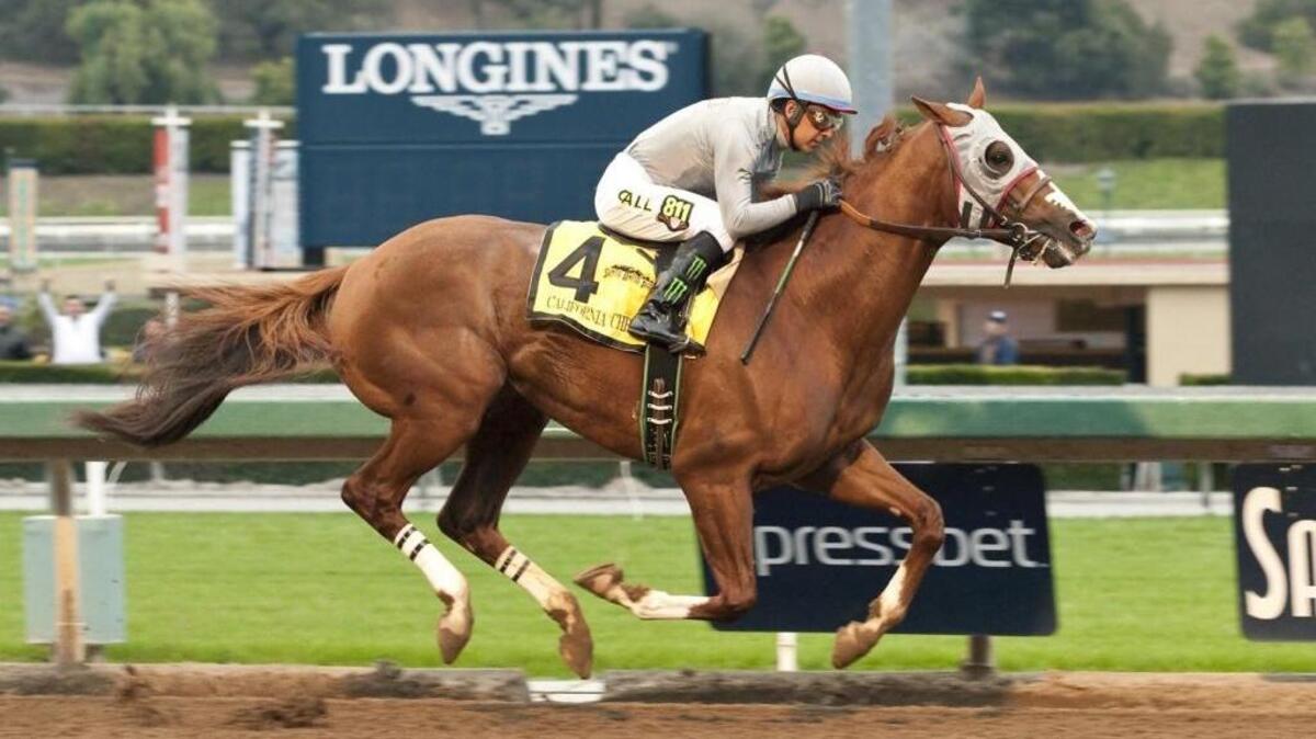 In a photo provided by Benoit Photo, California Chrome and jockey Victor Espinoza win the Grade II, $200,000 San Pasqual Stakes horse race Saturday, Jan. 9, 2016, at Santa Anita in Arcadia, Calif.