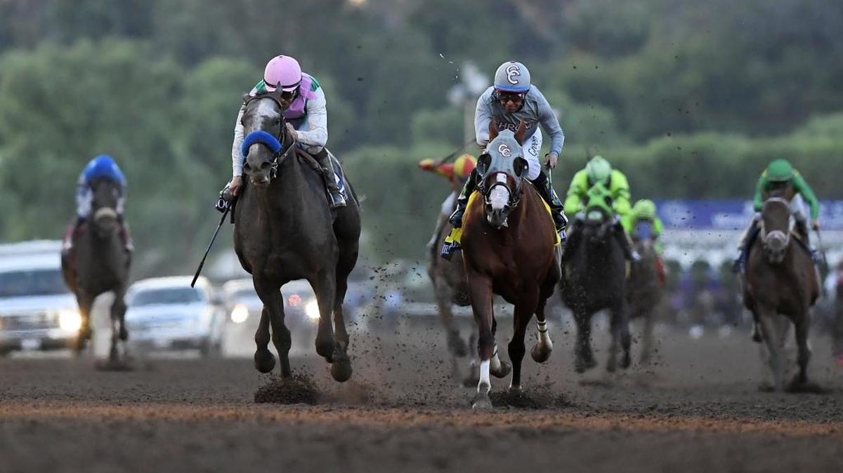 Arrogate, with jockey Mike Smith, second from left, won the Breeders’ Cup Classic over California Chrome, center, with Victor Espinoza, at Santa Anita Park on Nov. 5, 2016.
