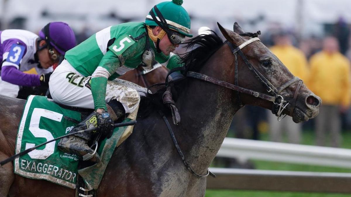 Exaggerator, with Kent Desormeaux aboard, moves past Nyquist with Mario Gutierrez during the Preakness Stakes at Pimlico Race Course on Saturday, May 21, 2016, in Baltimore. Exaggerator won the race.