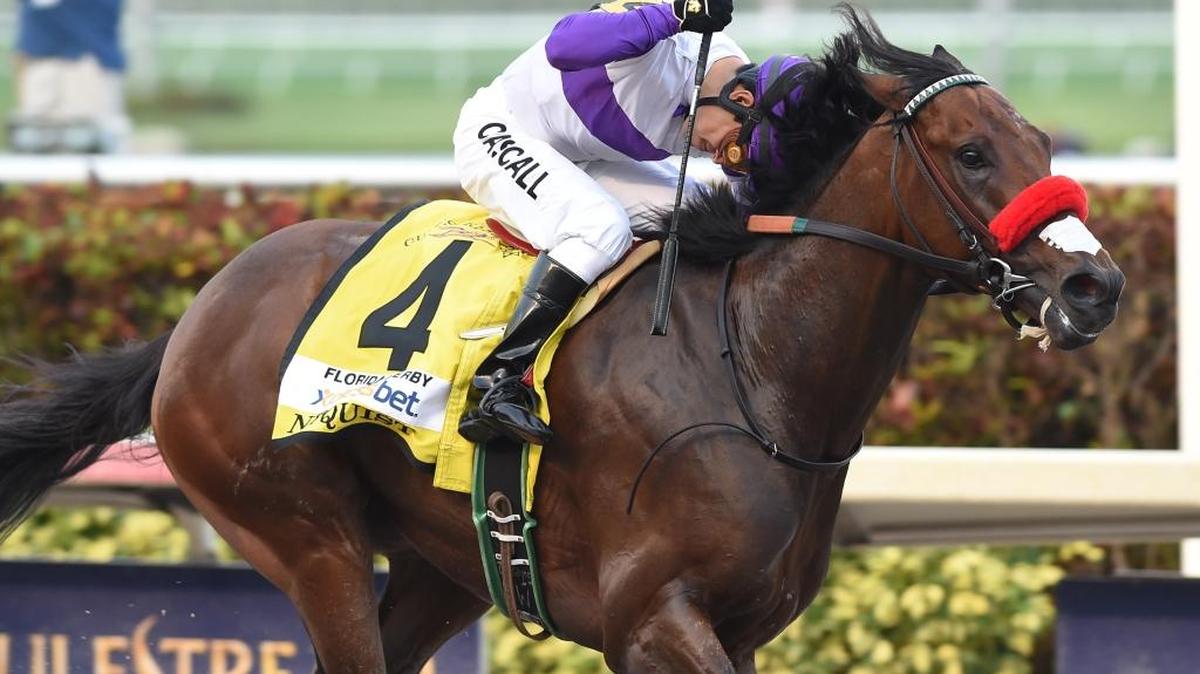 Nyquist, ridden by Mario Gutierrez, wins the Florida Derby horse race, Saturday, April 2, 2016, at Gulfstream Park in Hallandale Beach, Fla.