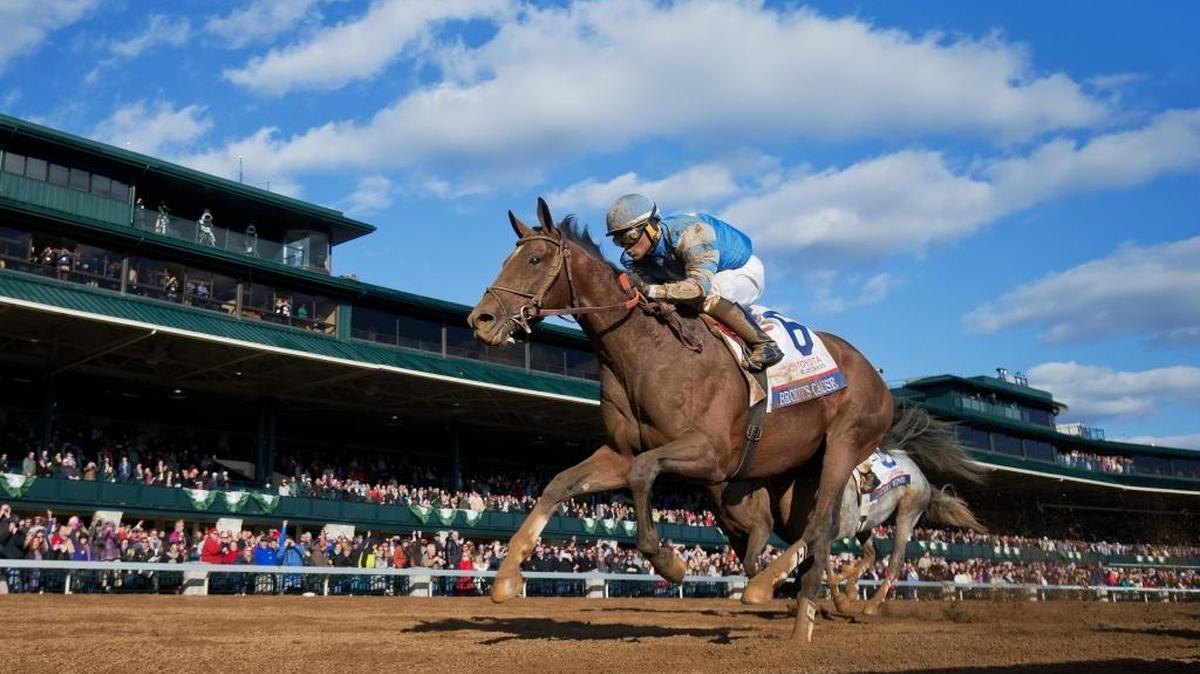 Brody’s Cause with Luis Saez wins the Blue Grass Stakes at Keeneland, Saturday, April 9, 2016. The son of Giant’s Causeway has been retired to stand stud at Spendthrift Farm for 2017.
