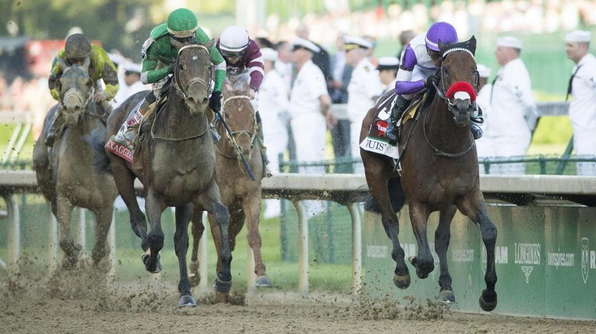 Jockey Mario Gutierrez and Nyquist, right, pulled away from Exaggerator and Kent Desormeaux to win the Kentucky Derby on Saturday. It was Exaggerator’s fourth attempt to beat Nyquist, and each time, he has gotten a little closer.