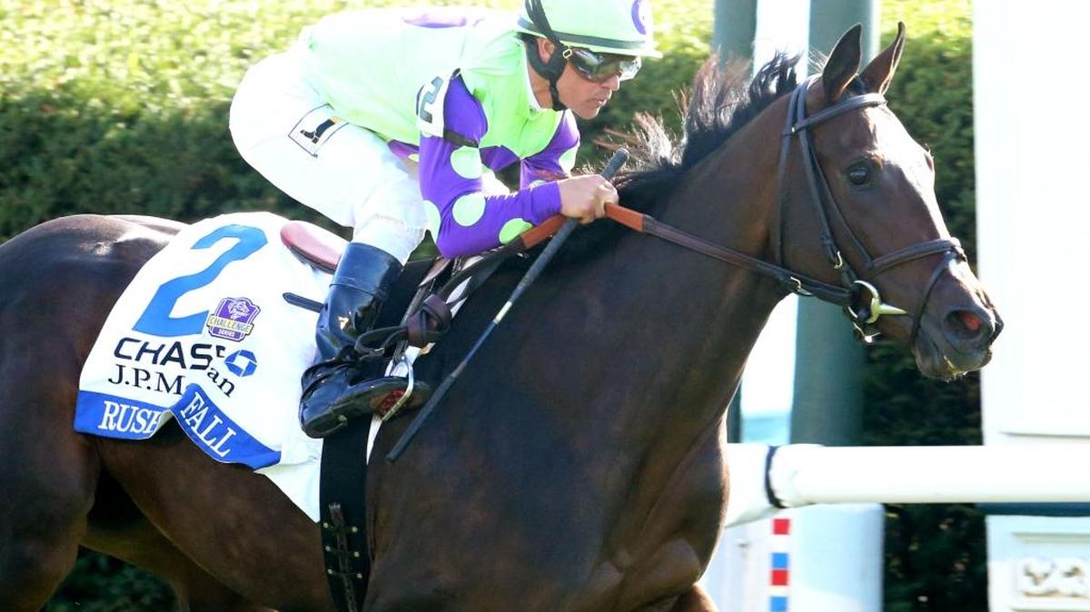 Rushing Fall and Javier Castellano took the Jessamine at Keeneland with a wide, bold move in the stretch on Keeneland’s turf.