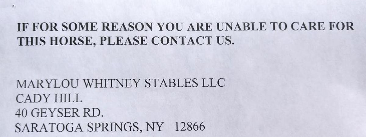 When Marylou Whitney sold War Eagle’s Love last year, she included this note in the registration papers.