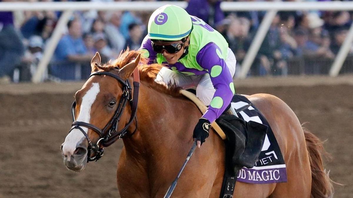 Jockey Jose Ortiz rides Good Magic to victory in the Sentient Jet Juvenile horse race at the Breeders' Cup in Del Mar, Calif., Nov. 4, 2017.