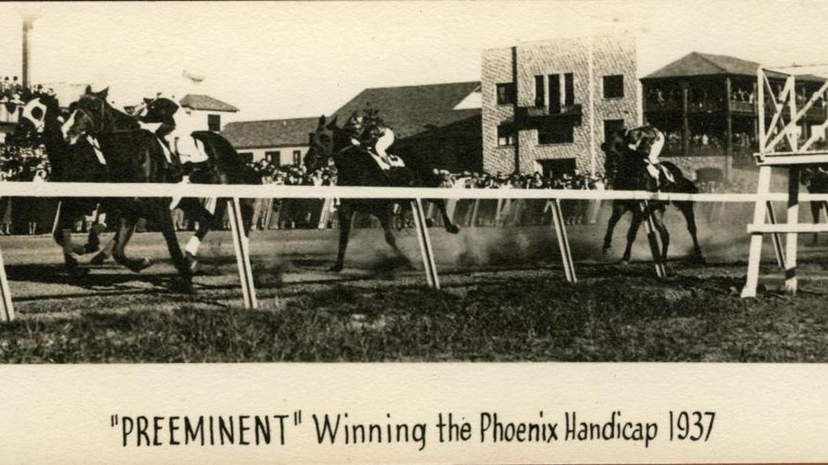 Preeminent wins the 1937 Phoenix Handicap, named for the old Phoenix Hotel in downtown Lexington. This was the Spring Meet of 1937. First run in 1831 at the old Kentucky Association track, the Phoenix is the country's oldest stakes race.
