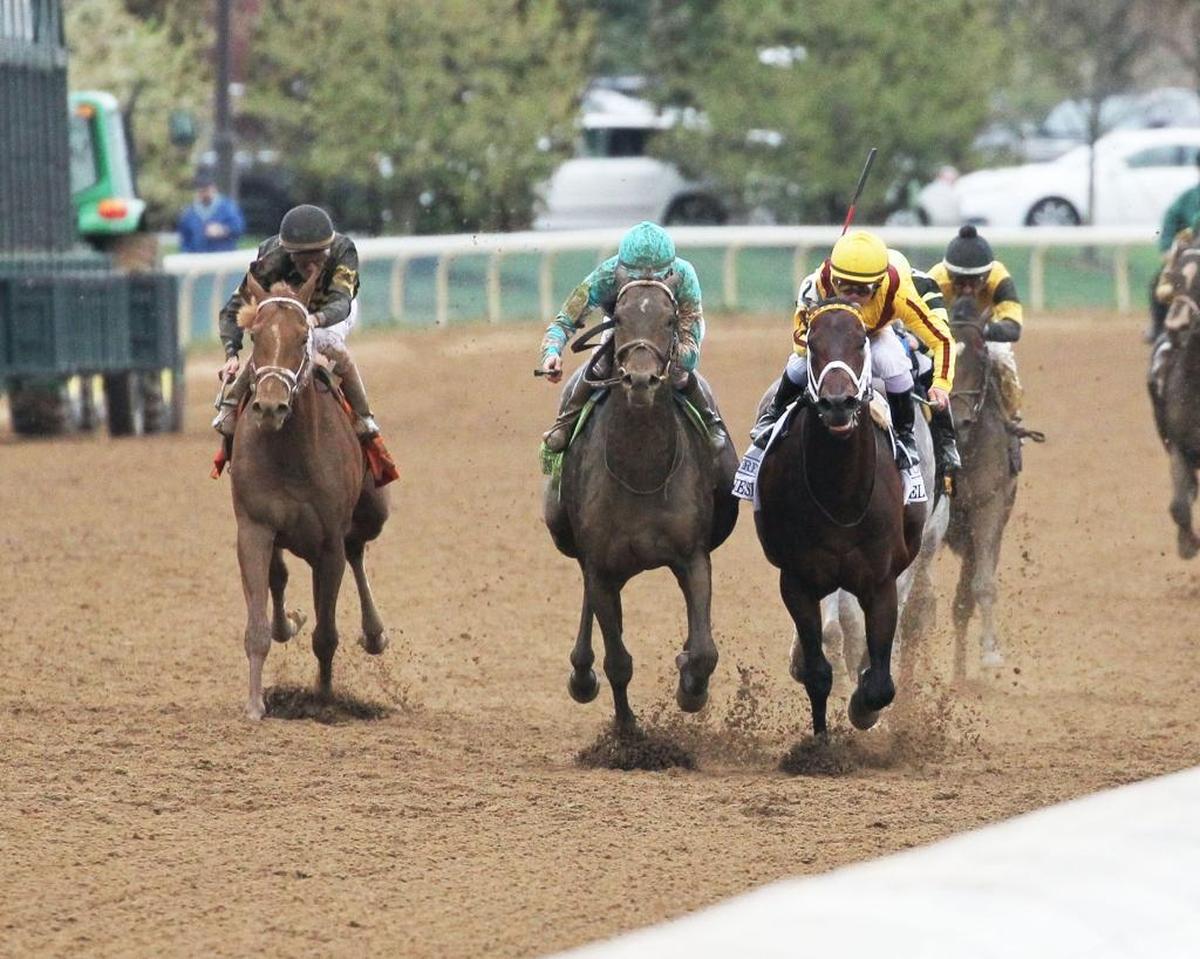 My Boy Jack, center, rallied to defeat Telekinesis, right, in the Stonestreet Lexington Stakes at Keeneland.