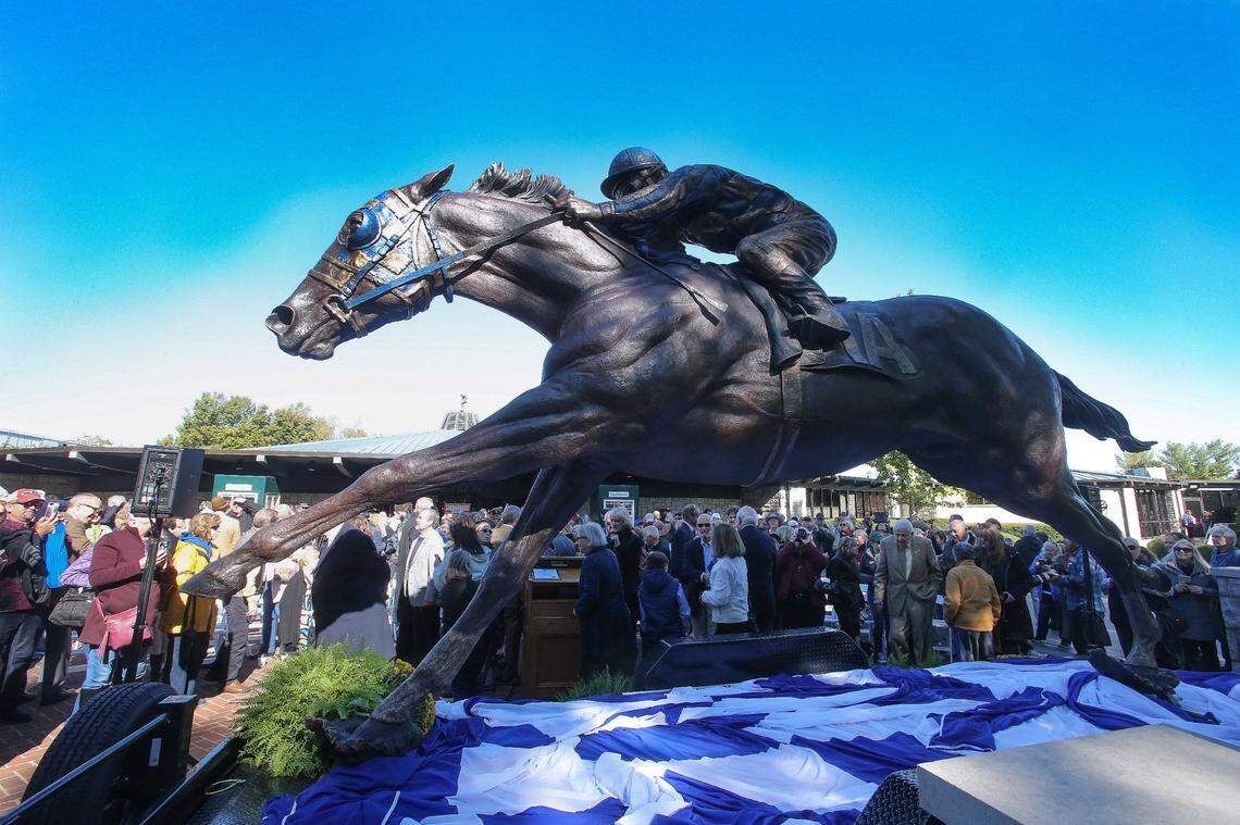 Secretariat, who won the 1973 Triple Crown, is immortalized in numerous statues around the country including this bronze that has taken up permanent residence on Old Frankfort Pike in Lexington.