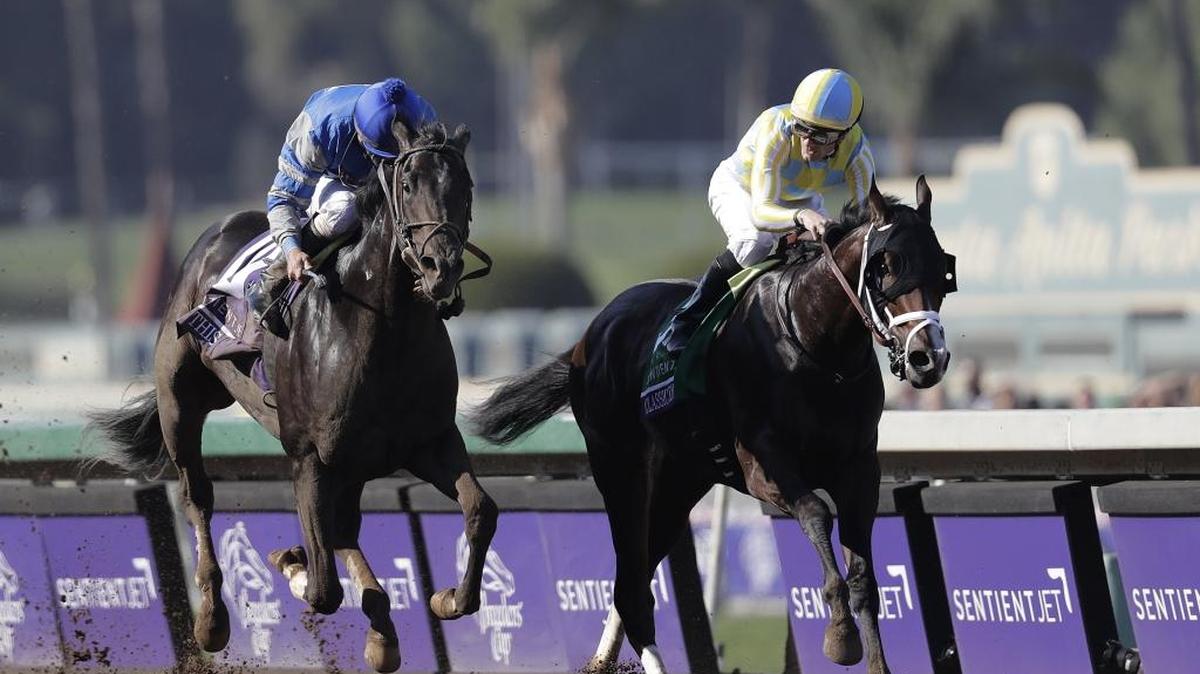 Not This Time, with Robby Albarado aboard, stalked Classic Empire and Julien Leparoux in the Breeders’ Cup Juvenile at Santa Anita Park on Nov. 5. Not This Time came out of the event with a leg injury that forced his retirement from racing.