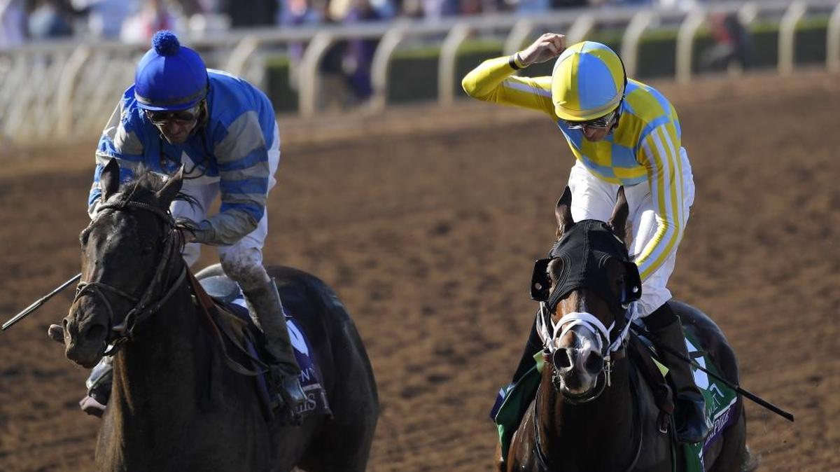 Julien Velasquez, right, atop Classic Empire wins the Breeders’ Cup Juvenile as Not This Time with Robby Albarado comes in second at Santa Anita, Saturday, Nov. 5, 2016, in Arcadia, Calif.