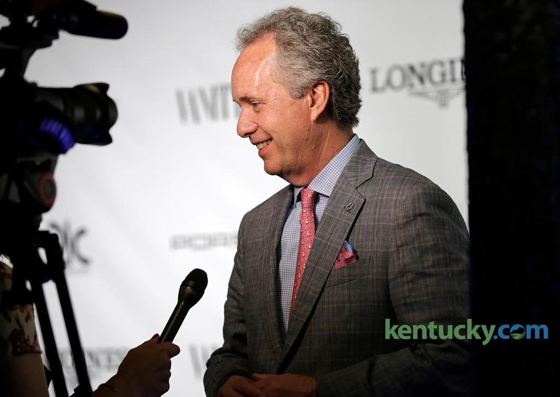 Louisville Mayor Greg Fischer spoke to reporters during the red carpet interviews outside the Hermitage Derby Toast at 21c Museum Hotel in Louisville, Ky, on May 6, 2016 .