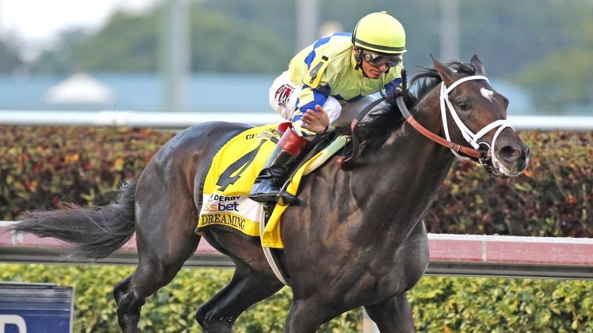Always Dreaming and jockey John R. Velazquez wins the 66th running of the Expressbet Florida Derby at Gulfstream Park in Hallandale Beach on Saturday, April 1, 2017.