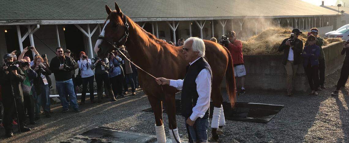 Trainer Bob Baffert brought Kentucky Derby winner Justify out of Barn 33 on Sunday morning at Churchill Downs.