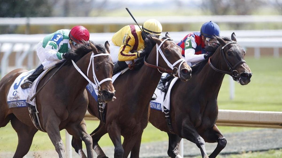 Cathryn Sophia, left, Rachel's Valentina and Carina Mia battle on the final turn of the Central Bank Ashland Stakes, grade 1, at Keeneland Race Course in Lexington, Ky., Saturday, April 9, 2016.