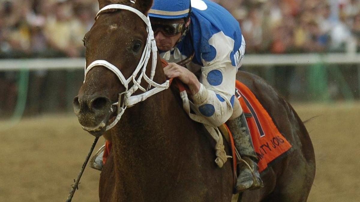 Smarty Jones, with Stewart Elliott up, blew away the pack to win the 129th running of the Preakness Stakes in 2004.