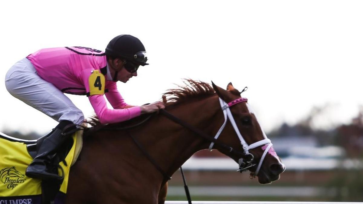 Catch a Glimpse and jockey Florent Geroux cross the finish line of the juvenile fillies turf race during the first day of the 2015 Breeders' Cup World Championships at Keeneland on Friday, October 30, 2015 in Lexington, Ky.
