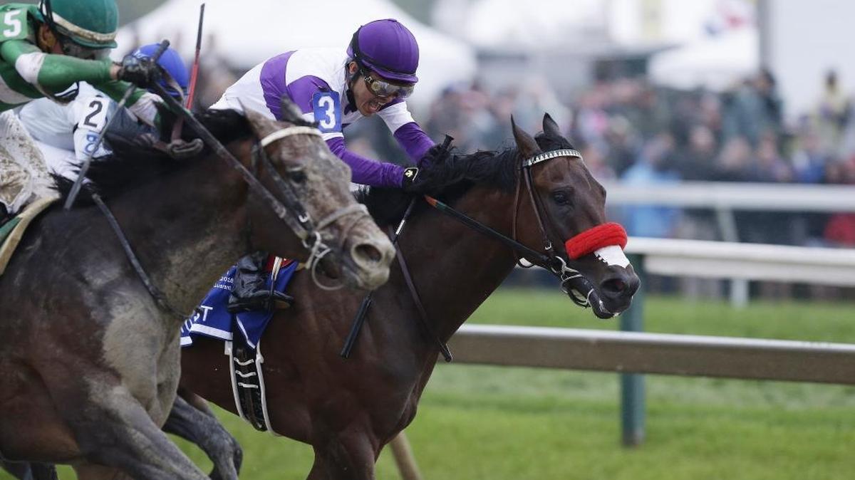 Exaggerator (5) with Kent Desormeaux aboard moves past Nyquist with Mario Gutierrez during the 141st Preakness Stakes horse race at Pimlico Race Course, Saturday, May 21, 2016, in Baltimore. Exaggerator won the race.