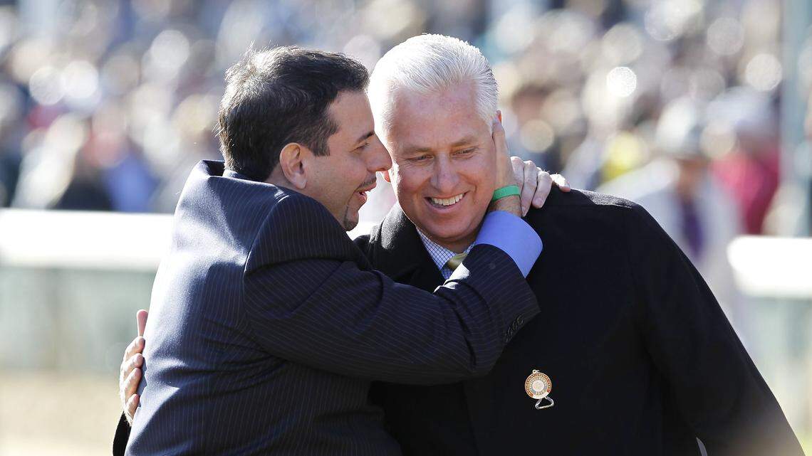 Winning owner Mike Repole, left, and winning trainer Todd Pletcher, celebrated after their horse, Uncle Mo, won the Breeders' Cup Juvenile at Churchill Downs in Louisville in 2010. On Sunday, Repole called for NYRA to look into the racing tactics of Restoring Hope in the 150th Belmont Stakes. Trained by Bob Baffert, who also trains winner Justify, Restoring Hope was ridden by Florent Geroux.