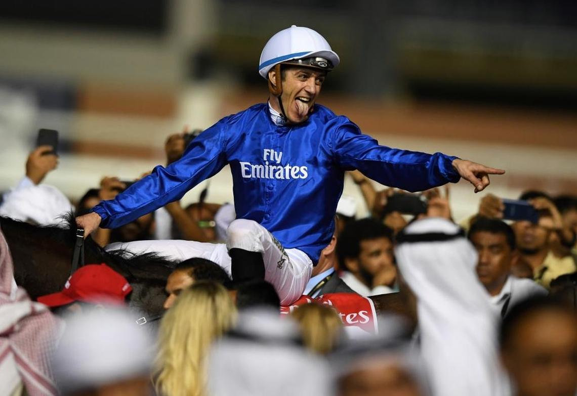 Jockey Christophe Soumillon celebrated after his win aboard Thunder Snow in the Dubai World Cup.