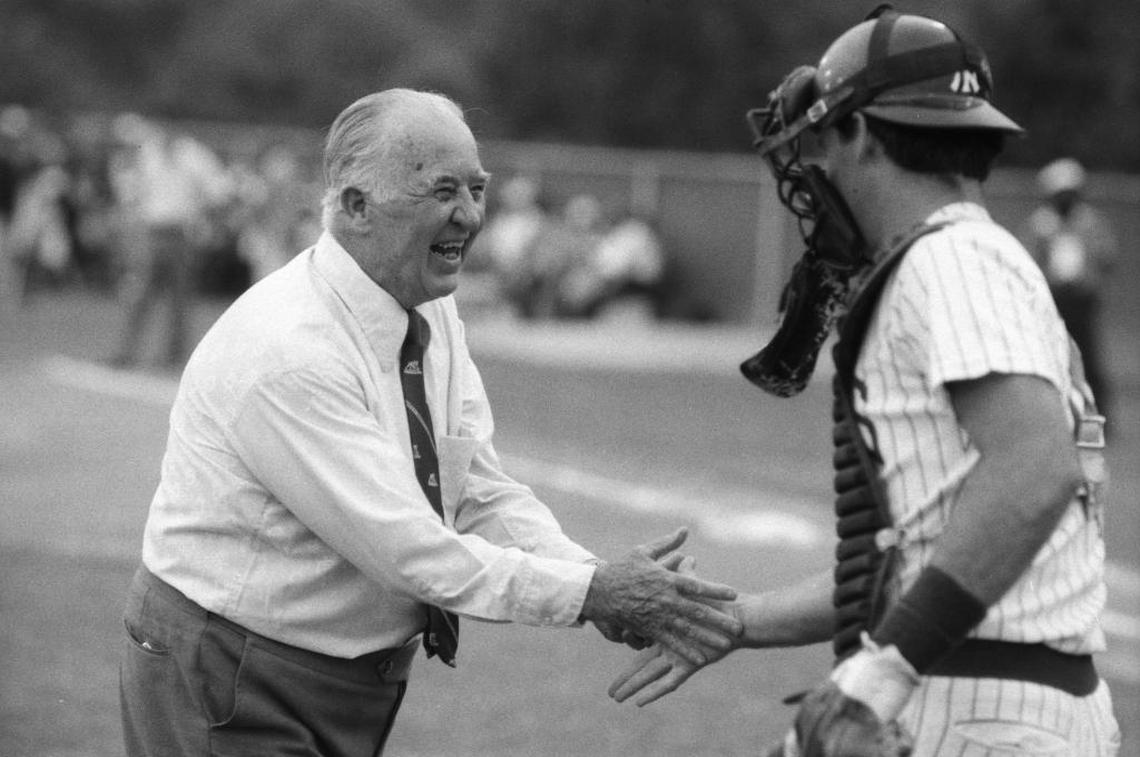 Former Kentucky Governor A.B. “Happy” Chandler greeted Paintsville Yankees catcher Phil Lombardi after throwing out the first pitch before the season opener against the Pikeville Brewers in June 1982.