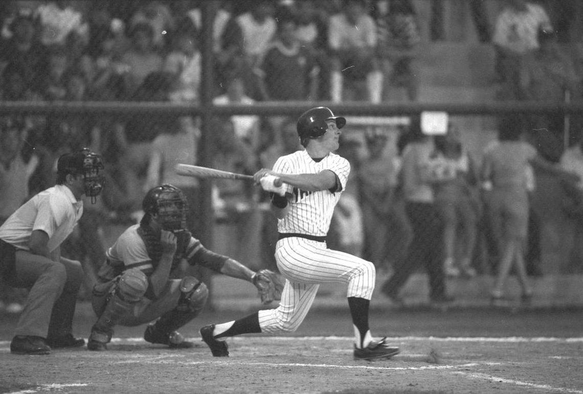 Paintsville’s John Weller took a swing on opening night against the Pikeville Brewers in June 1982.