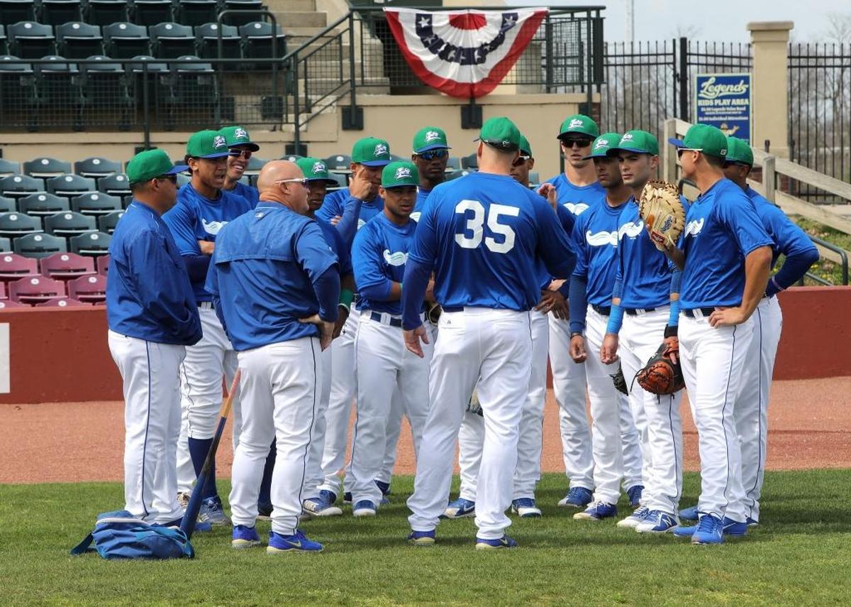 Manager Scott Thorman talked to the team during Media Day activities on Tuesday. The Legends open their 2018 season with a seven-game home stand starting Thursday night.