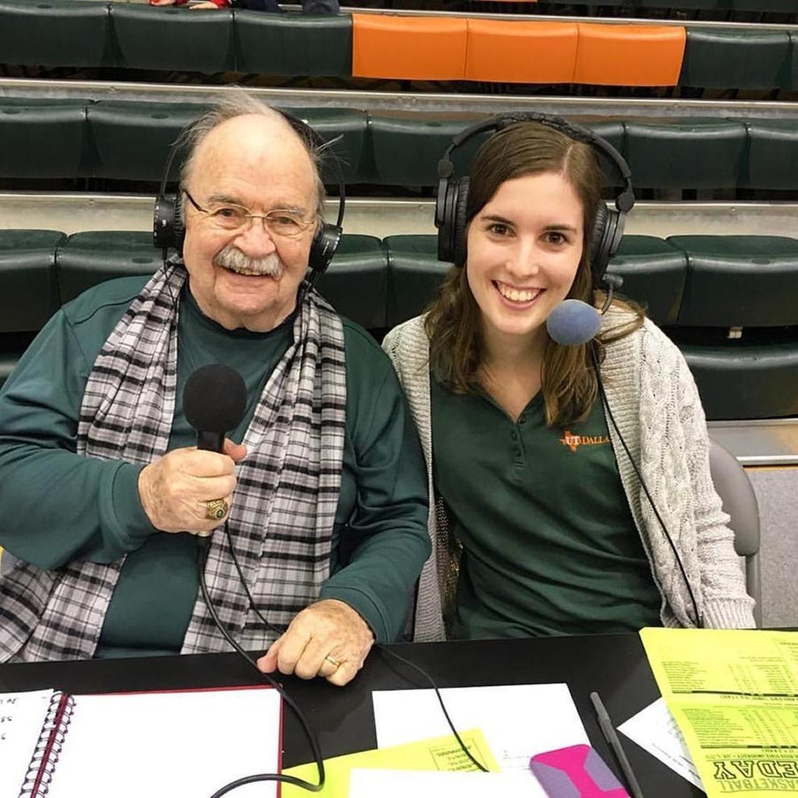 Bill Mercer sat alongside his granddaughter Emma Tiedemann for a broadcast of a University of Texas at Dallas game. Mercer has tutored Tiedemann throughout her broadcasting career, which began at age 15 at a UT Dallas game. Tiedemann becomes the voice of the Lexington Legends this season.