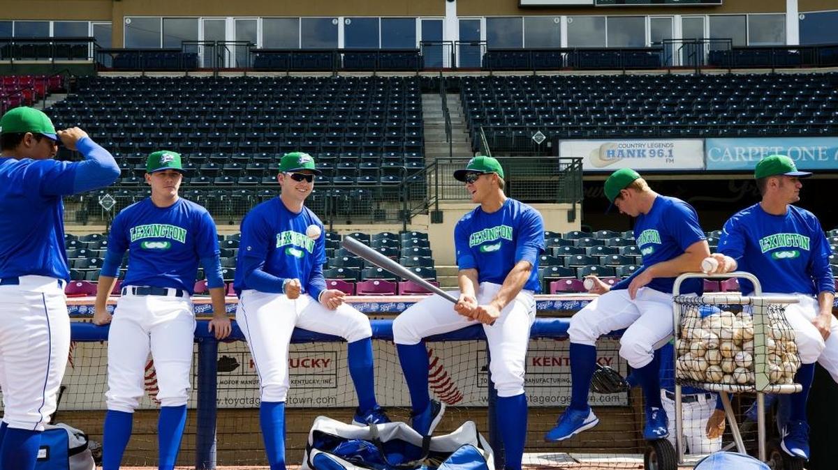 Members of the Lexington Legends gather near the dugout before practice at Whitaker Bank Ballpark in Lexington.