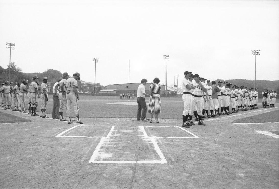 The Paintsville Yankees, right, and the Pikeville Brewers of the Appalachian League during pregame ceremonies on opening night in Paintsville in June 1982.