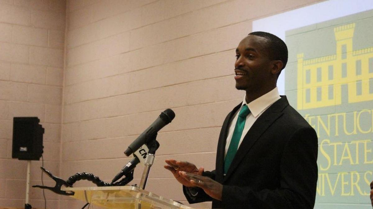 Newly hired KSU men’s head coach Jamaal Jackson during his introductory news conference at the Exum Center in Frankfort on Friday afternoon.