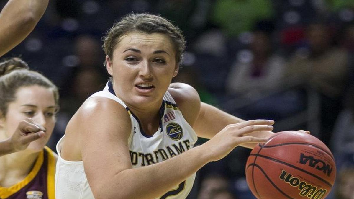 Notre Dame's Erin Boley (22) drives to the basket during the second half of an NCAA college basketball game against Central Michigan Friday, Nov. 11, 2016, in South Bend, Ind. (AP Photo/Robert Franklin)