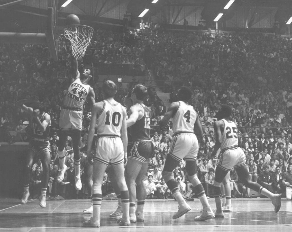 Jim McDaniels (44) finished his WKU career with 2,238 points, which ties for the all-time program record.
