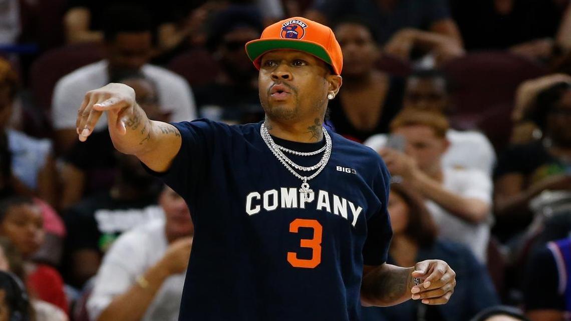 3's Company coach Allen Iverson signals to his team during a game against Tri State during in the BIG3 Basketball League in Philadelphia, Pa., Sunday, July 16, 2017.
