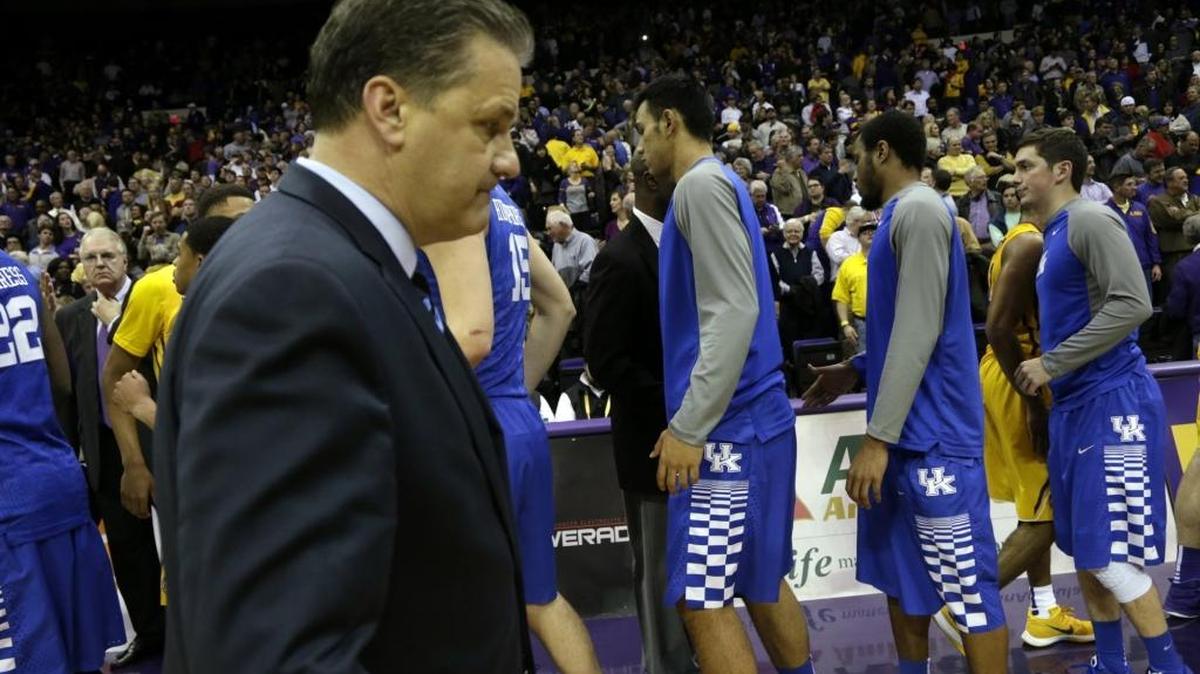 Kentucky head coach John Calipari walked to an interview as the teams shook hands after the Kentucky at LSU basketball game at Pete Maravich Assembly Center in Baton Rogue, La.,, on Jan. 6, 2016. LSU beat UK 85-67
