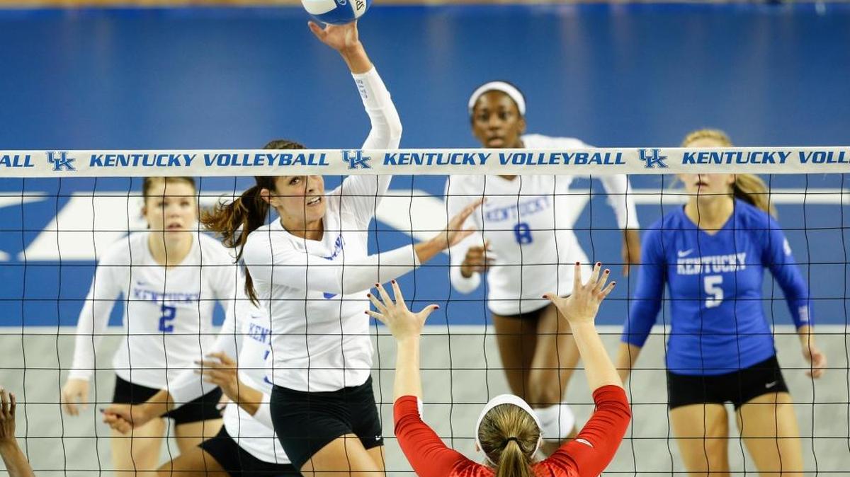 Kentucky setter Morgan Bergren (6) scores during the second set at Memorial Coliseum Sunday, Sept. 20, 2015 in Lexington, Ky. Photo by Amy Wallot